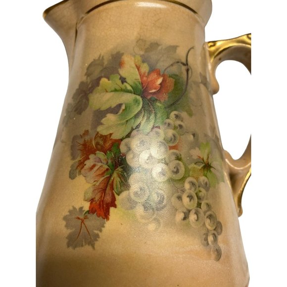 AS IS Stubenville stoneware pitcher fruit motif tan brown gold tableware serving - Picture 4 of 7